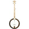 Left-handed Deering Goodtime Two 5-string resonator banjo, front view, blonde maple neck with Art Deco inlays and US Bronze flange.