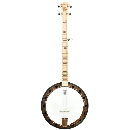 Left-handed Deering Goodtime Two 5-string resonator banjo, front view, blonde maple neck with Art Deco inlays and US Bronze flange.
