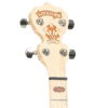 Goodtime peghead front with Art Deco logo and Made in the U.S.A. stamp on the left-handed Deering Goodtime Two banjo.