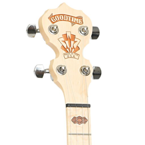Goodtime peghead front with Art Deco logo and Made in the U.S.A. stamp on the left-handed Deering Goodtime Two banjo.