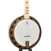 Left-handed Deering Goodtime Two banjo pot and lower neck, showing the bronze flange, Deering eagle head stamp and maple fingerboard.