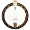 Pot of the left-handed Deering Goodtime Two banjo: frosted high crown head, US Bronze powder flange with sound holes, armrest and Deering tailpiece.