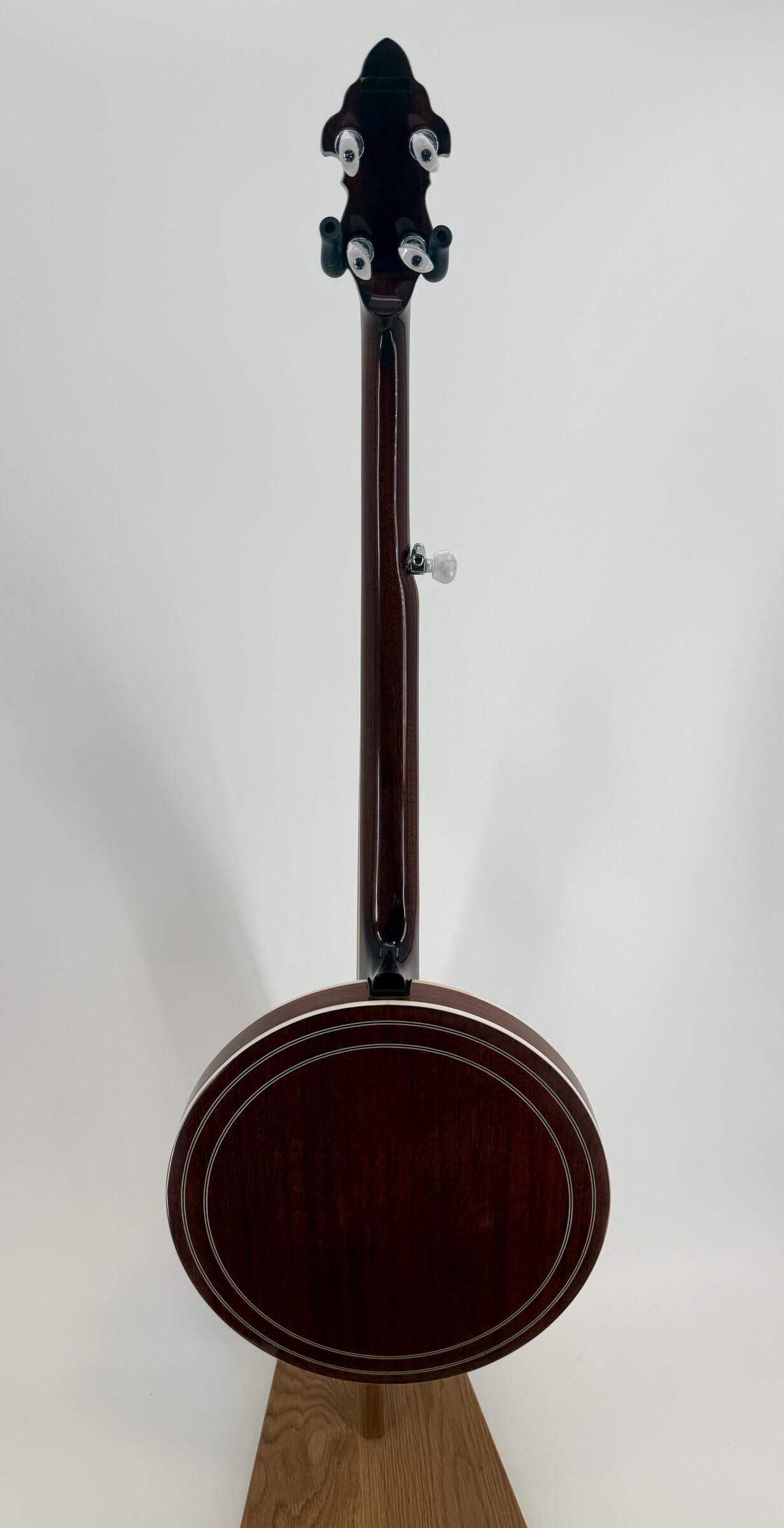 2010 Flint Hill FHB-280A banjo with a full back view of the mahogany neck and mahogany resonator on a display stand, at Banjo Warehouse in Yellow Springs, Ohio.