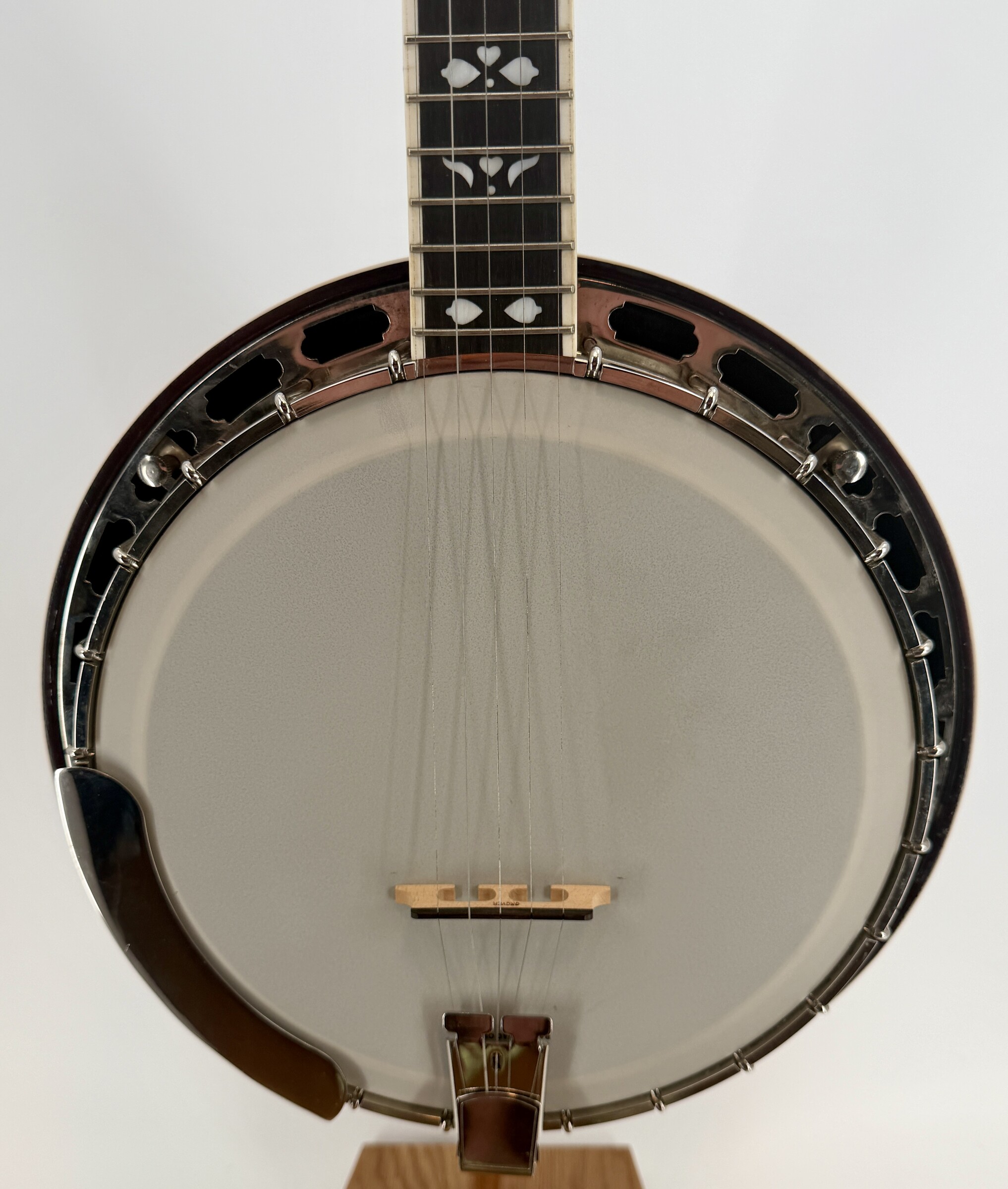 2010 Flint Hill FHB-280A banjo with a front view of the pot showing the head, bridge, armrest, flange and tailpiece, at Banjo Warehouse in Yellow Springs, Ohio.