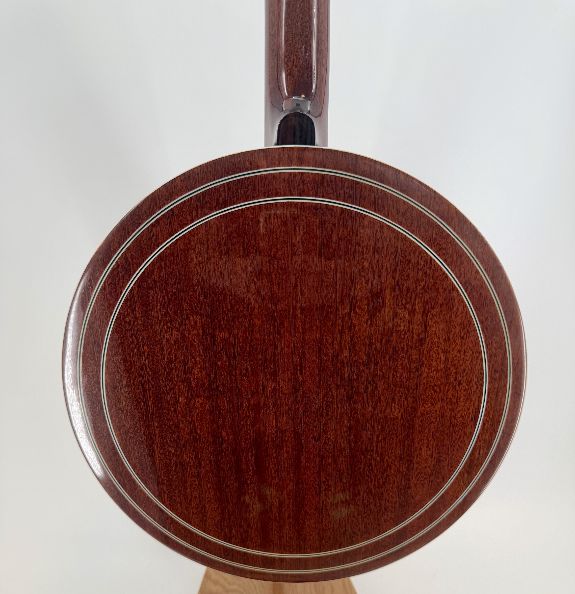 2010 Flint Hill FHB-280A banjo with the back of its mahogany resonator with two purfling rings, at Banjo Warehouse in Yellow Springs, Ohio.