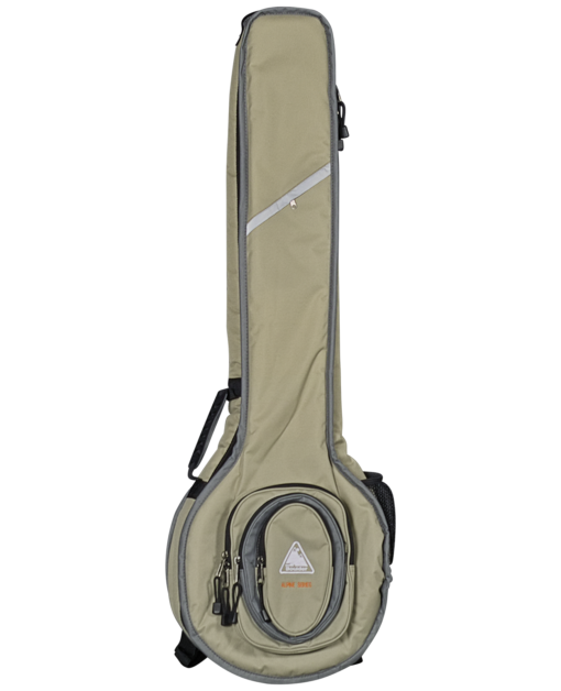 Boulder CB-367TN Alpine Deluxe openback banjo gig bag in Desert Sand, front view with multi-layer front pockets, reflective stripe and carry handle