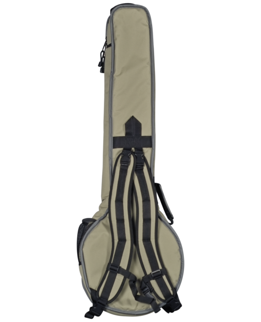 Boulder CB-367TN Alpine Deluxe openback banjo gig bag in Desert Sand, back view showing the padded backpack straps and buckles
