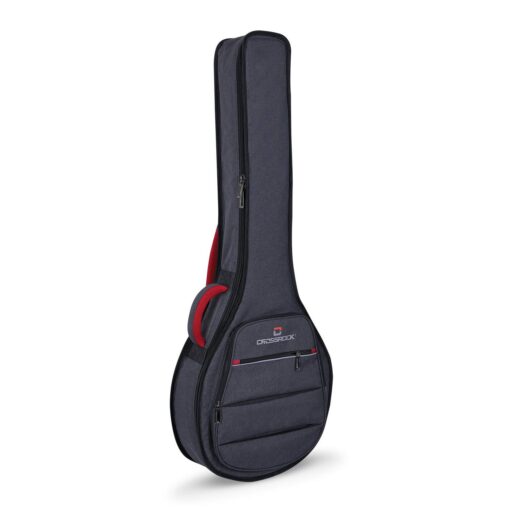 Crossrock 5 string resonator banjo backpack gig bag, dark grey, front three-quarter view with padded handle and front pocket