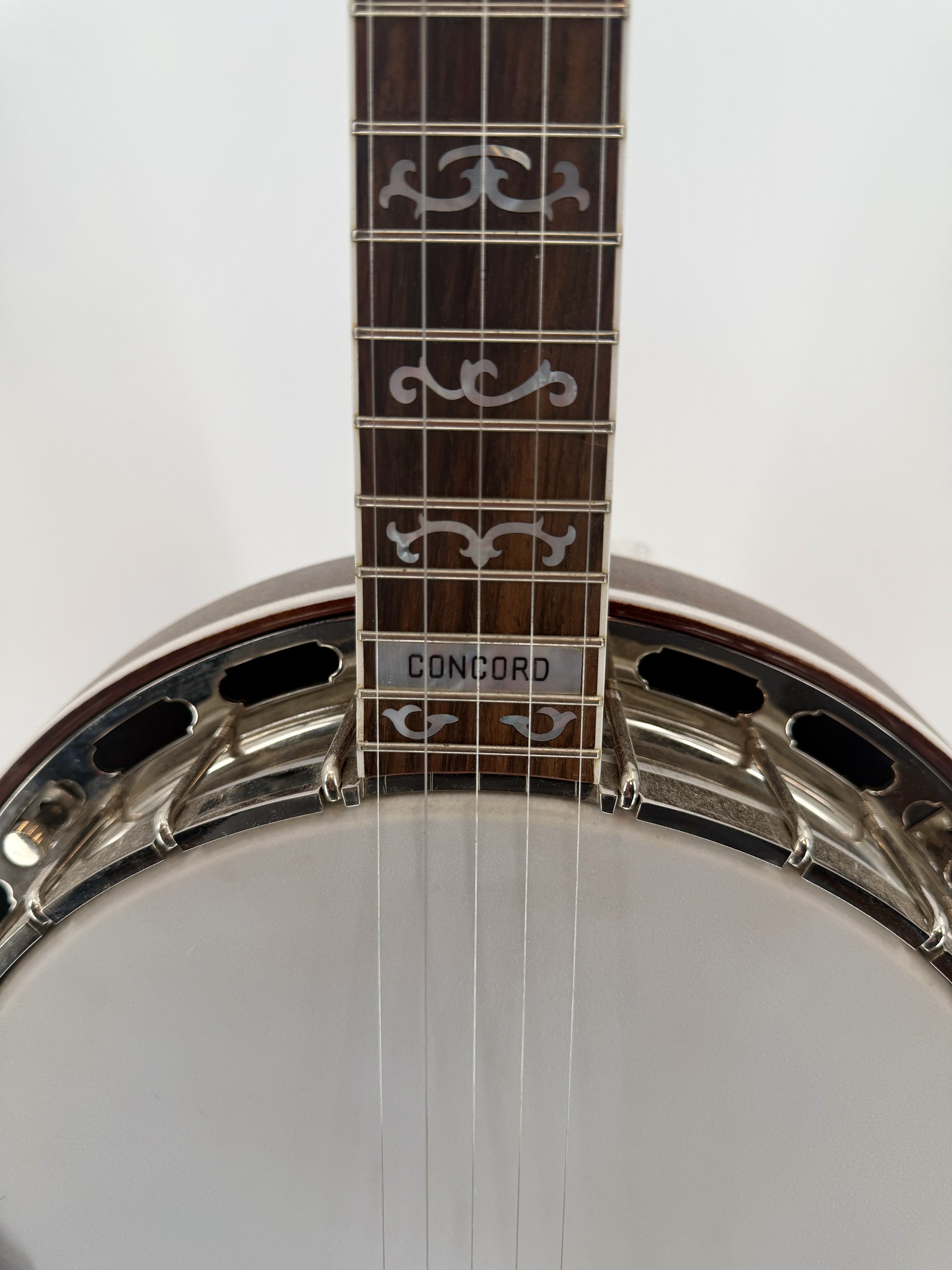 CONCORD pearl block at the end of the fingerboard of a 2015 Davis Concord Prototype