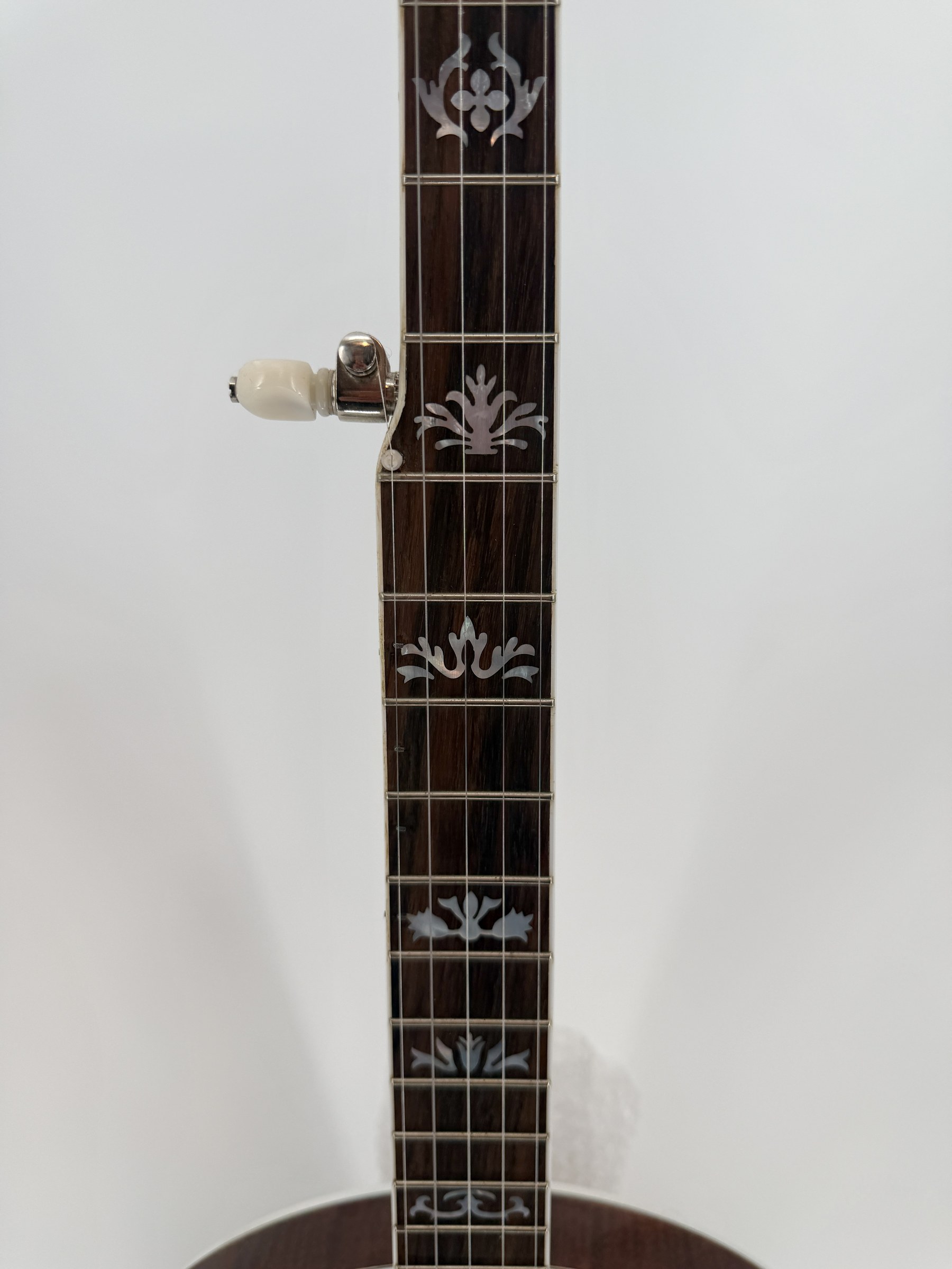 Fingerboard inlays and fifth string peg of a 2015 Davis Concord Prototype