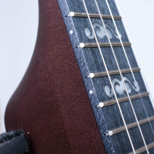 Deering Artisan Goodtime 17-Fret Tenor openback banjo with Artisan fingerboard inlays near the neck heel, at Banjo Warehouse in Yellow Springs, Ohio.