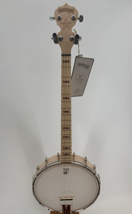 Deering Goodtime 19-Fret Tenor openback banjo with bowtie fingerboard inlays, full front view, at Banjo Warehouse in Yellow Springs, Ohio.