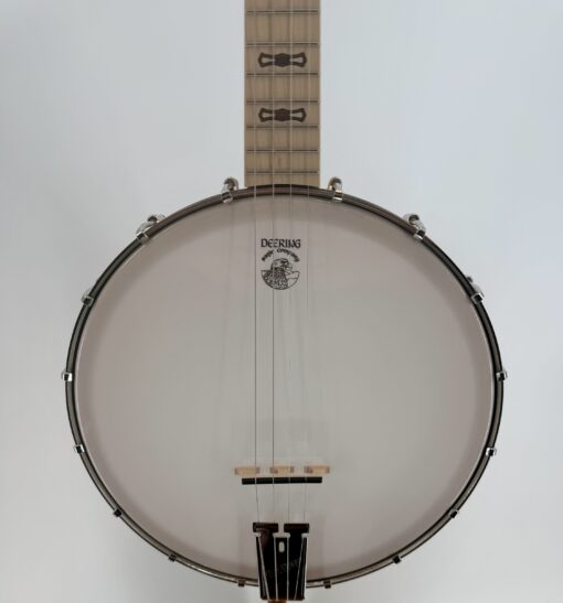 Deering Goodtime 19-Fret Tenor openback banjo with its 11 inch rim and frosted head, at Banjo Warehouse in Yellow Springs, Ohio.