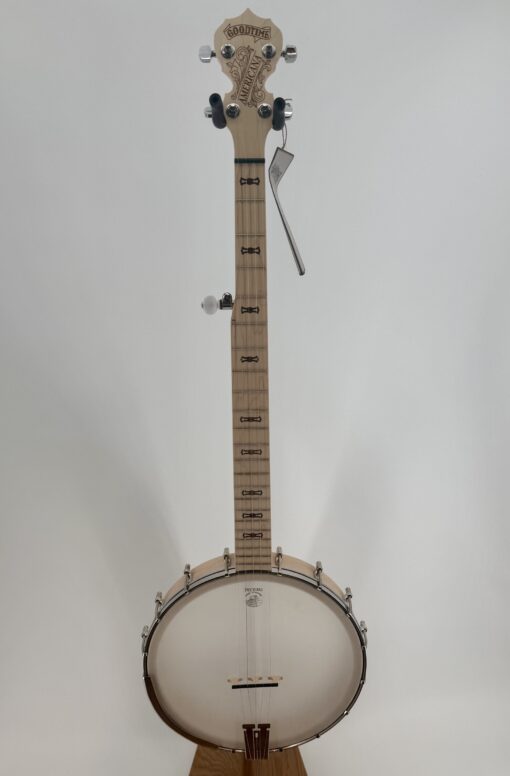 Deering Goodtime Americana openback banjo with bowtie fingerboard inlays, full front view, at Banjo Warehouse in Yellow Springs, Ohio.