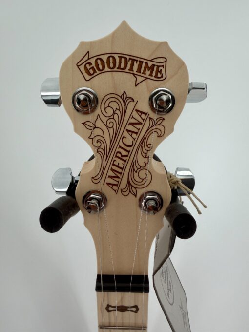 Deering Goodtime Americana openback banjo with the Goodtime Americana peghead, at Banjo Warehouse in Yellow Springs, Ohio.