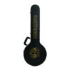 Deering hardshell openback banjo case, closed, lid view with gold lettering and carry handle