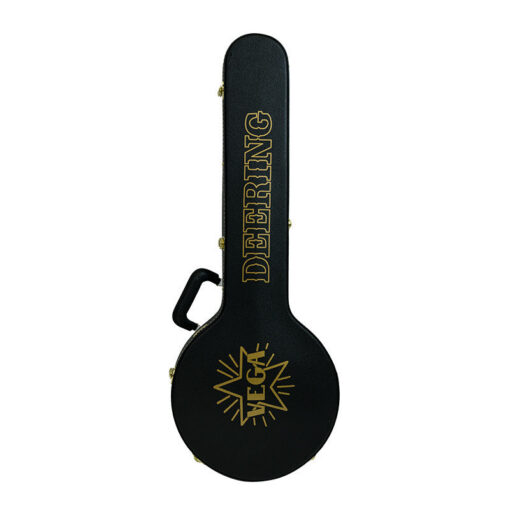 Deering hardshell openback banjo case, closed, lid view with gold lettering and carry handle