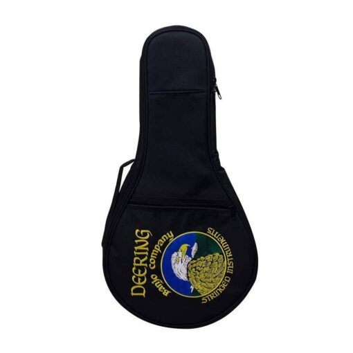 Deering Goodtime banjo ukulele gig bag, front view, with embroidered Deering crest and front zip pocket