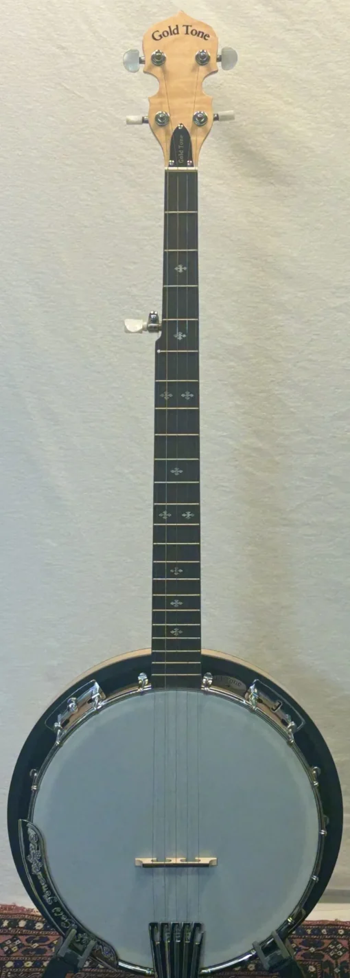 Gold Tone CC-100R Cripple Creek Convertible Resonator Banjo, front view, at Banjo Warehouse in Yellow Springs, Ohio.