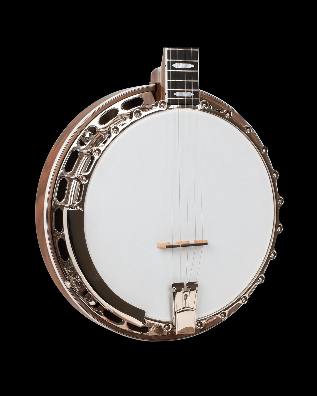 Gold Tone OB-12 Top Tension banjo showing the walnut resonator, nickel plated flange, contoured top tension armrest, Prucha Presto tailpiece and the row of tension bolt heads around the rim