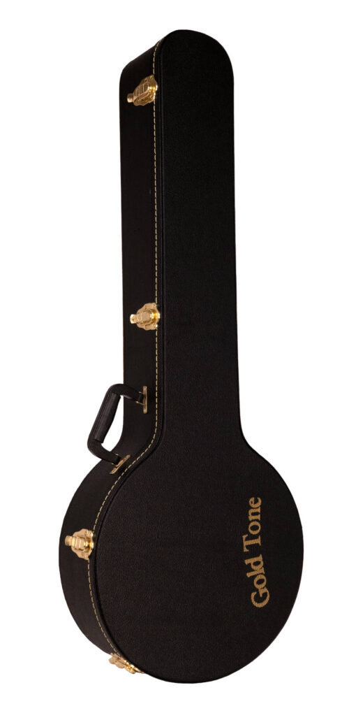 Gold Tone HD16 hardshell banjo case, closed, three-quarter view showing the side latches and handle