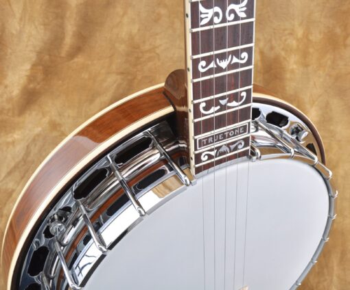Pot and Truetone nameplate of a Huber VRB-4 Truetone banjo (Huber catalog photo)