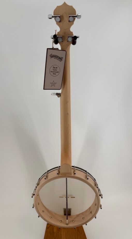 Back of a left-handed Deering Goodtime Americana Limited Edition Bronze openback banjo, showing the rock maple neck and open 12 inch rim, at Banjo Warehouse in Yellow Springs, Ohio.
