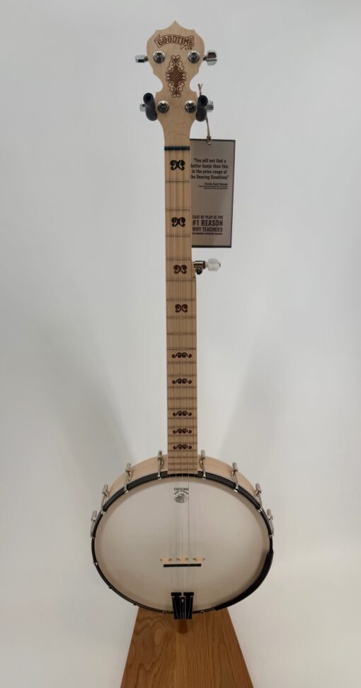 Full front view of a left-handed Deering Goodtime Americana Limited Edition Bronze five-string openback banjo with a 12 inch Renaissance head, at Banjo Warehouse in Yellow Springs, Ohio.