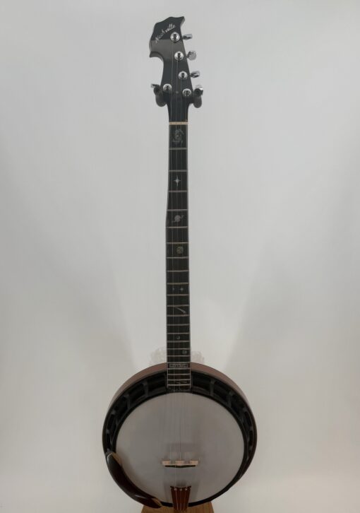 2008 Nechville Custom five-string resonator banjo with a walnut Phantom neck, full front view, at Banjo Warehouse in Yellow Springs, Ohio.