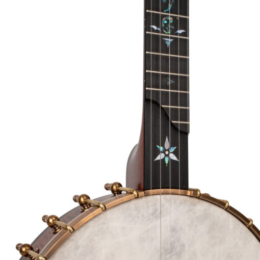 OME Juniper Maple 12 inch openback banjo with an S-curve clawhammer scoop, Jasmine inlay and the 12 inch rim, at Banjo Warehouse in Yellow Springs, Ohio.
