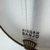 Pisgah Tubaphone 12-inch openback banjo with a close view of the Pisgah Banjo Co. logo head and the Hawktail tailpiece, at Banjo Warehouse in Yellow Springs, Ohio.