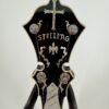 1989 Stelling Master's Cross 5-string banjo with the Stelling peghead and its inlaid cross, at Banjo Warehouse in Yellow Springs, Ohio.