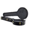 TKL Premier Series flat top hardshell banjo case, open, showing the plush lined round pot cavity, neck channel and latches
