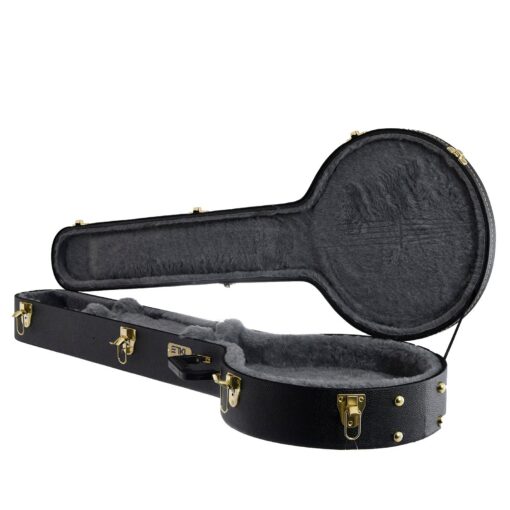 TKL Premier Series flat top hardshell banjo case, open, showing the plush lined round pot cavity, neck channel and latches